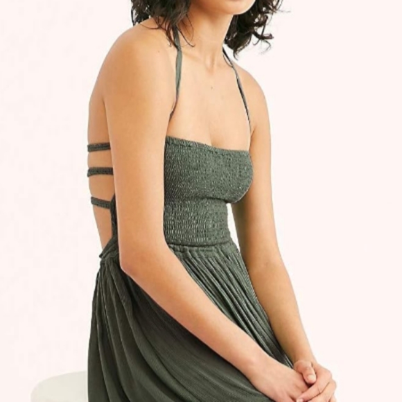 Army Green Summer Maxi Dress Tiered Full Flowy Bohemian Beach Vacation New - Picture 6 of 14